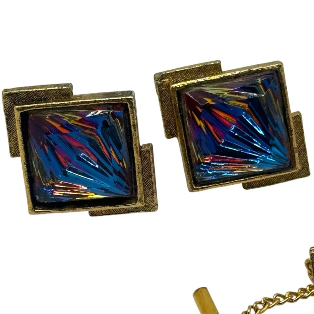 Vintage Watermelon Rivoli Rhinestone Gold Tone Cufflinks Artsy Eclectic Retro